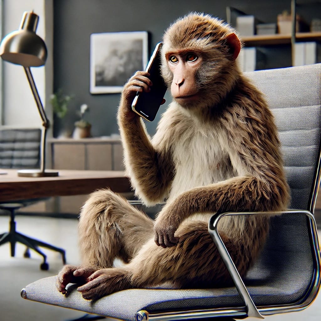  Macaques in office chair listening to iphone