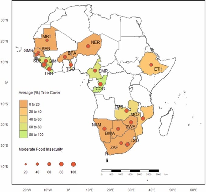 Chart graphing food insecurity vs forest cover across Africa. 