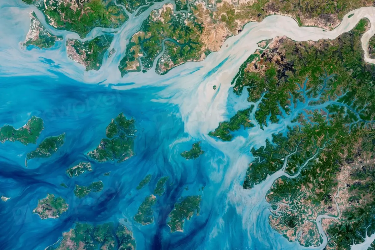 Estuaries near the coast of Guinea–Bissau branch out like a network of roots from a plant. 