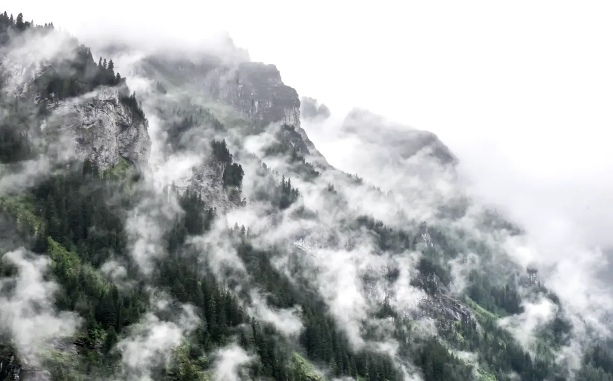 Rocky and foggy mountain side/