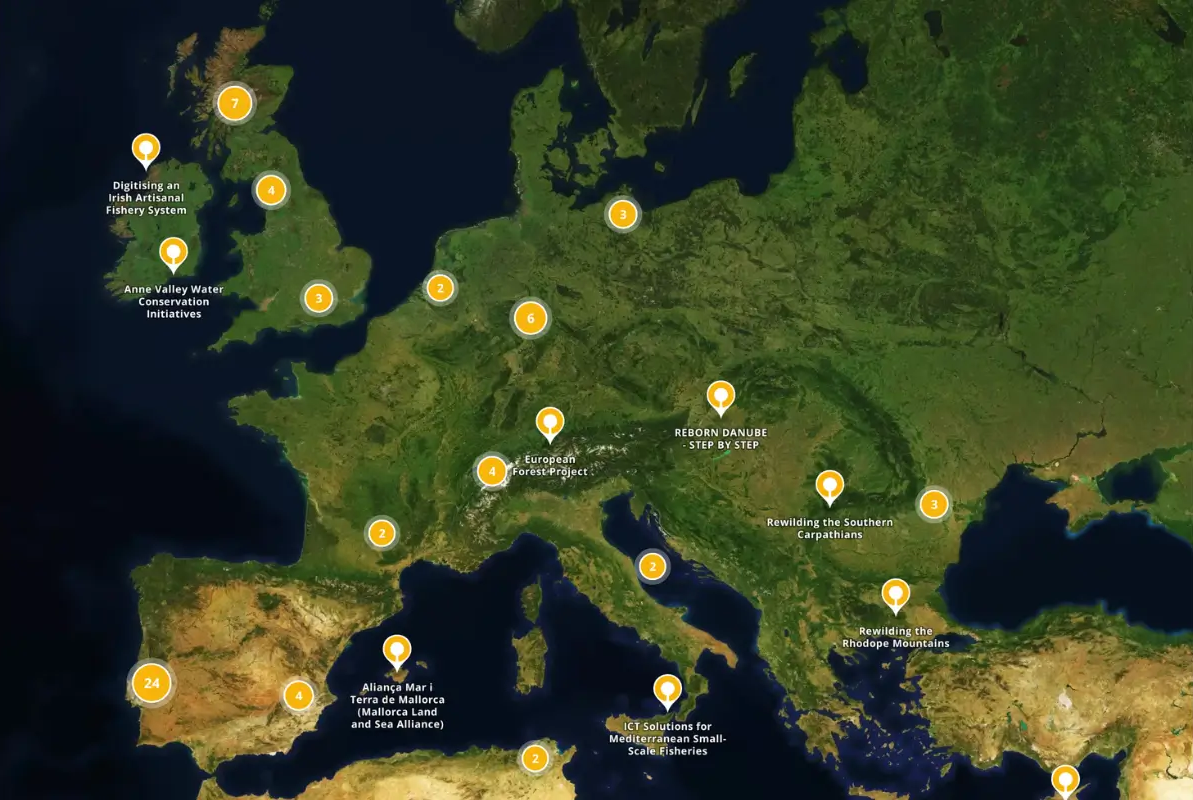 Sample overview map from Explorer.land showing Europe with pins showing reforestation projects.