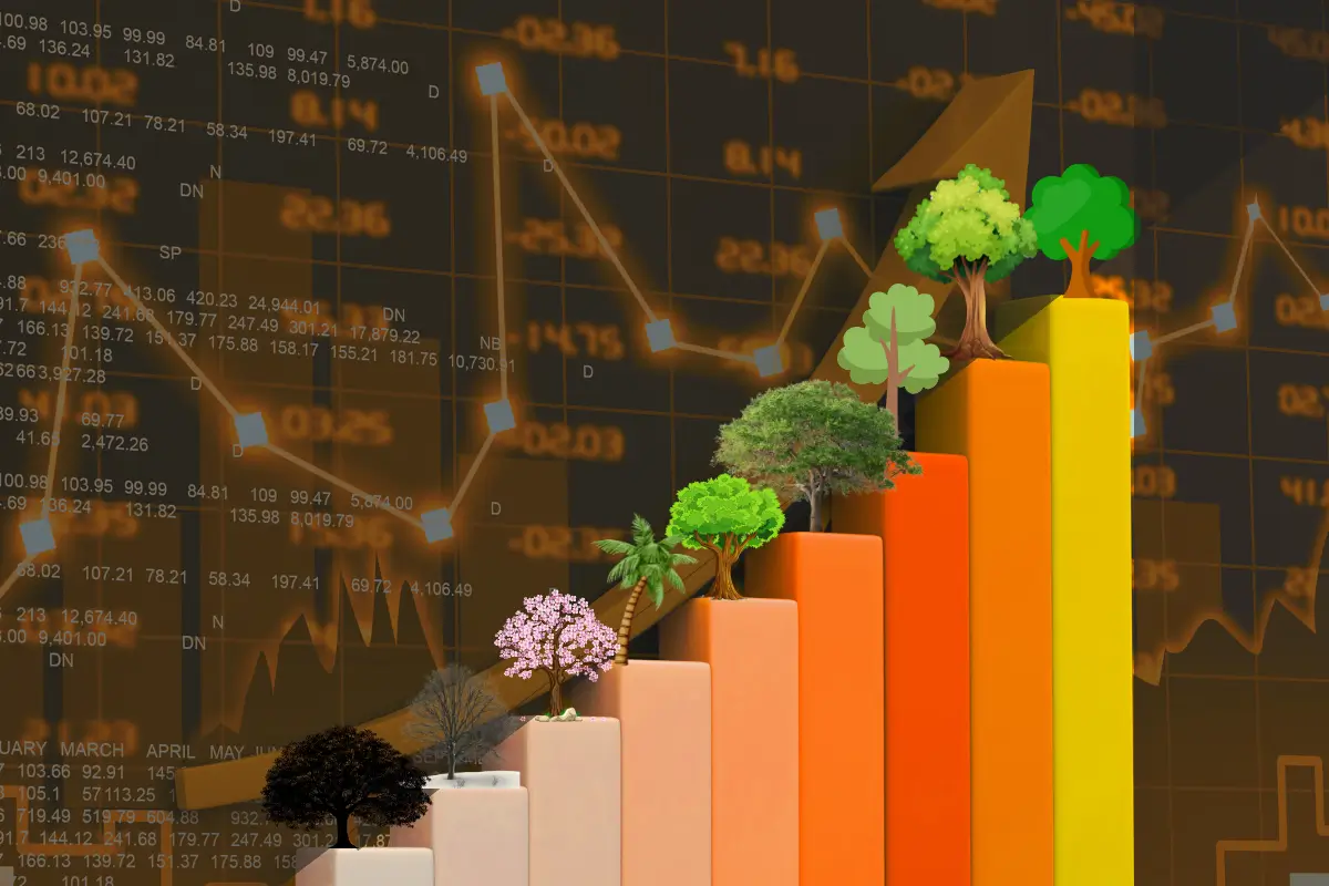 Trees on a bar chart with stock market stock images in the background. 