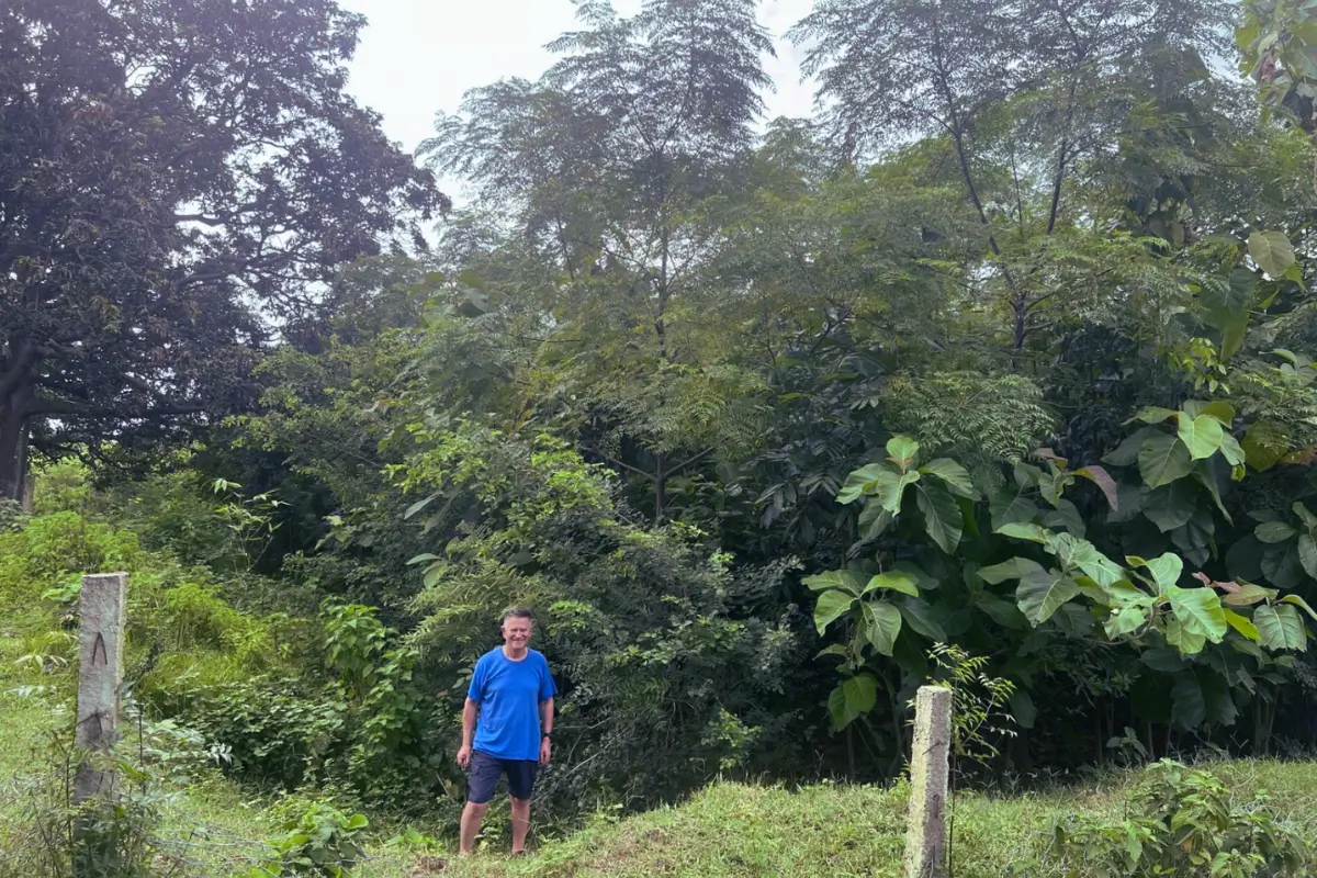 Colonel Philip Holmes standing beside trees planted in Nepal.