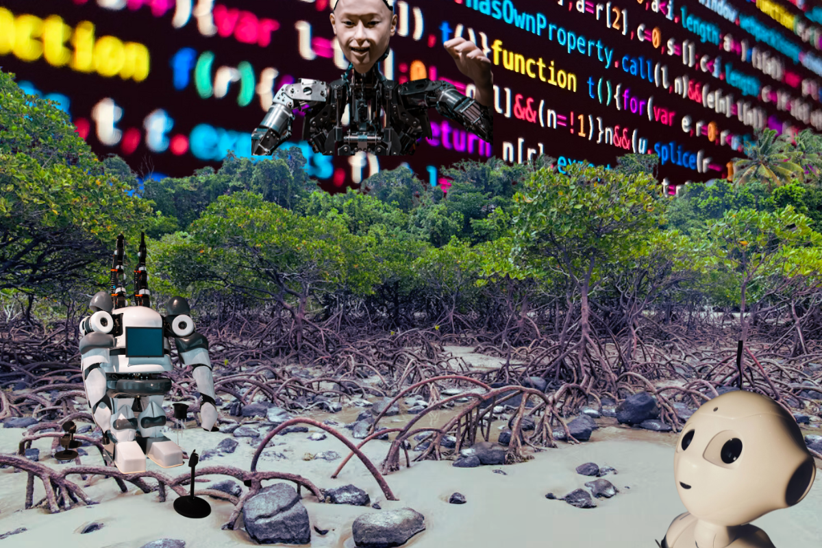 Mangroves in the background with various robots and code spliced in. 