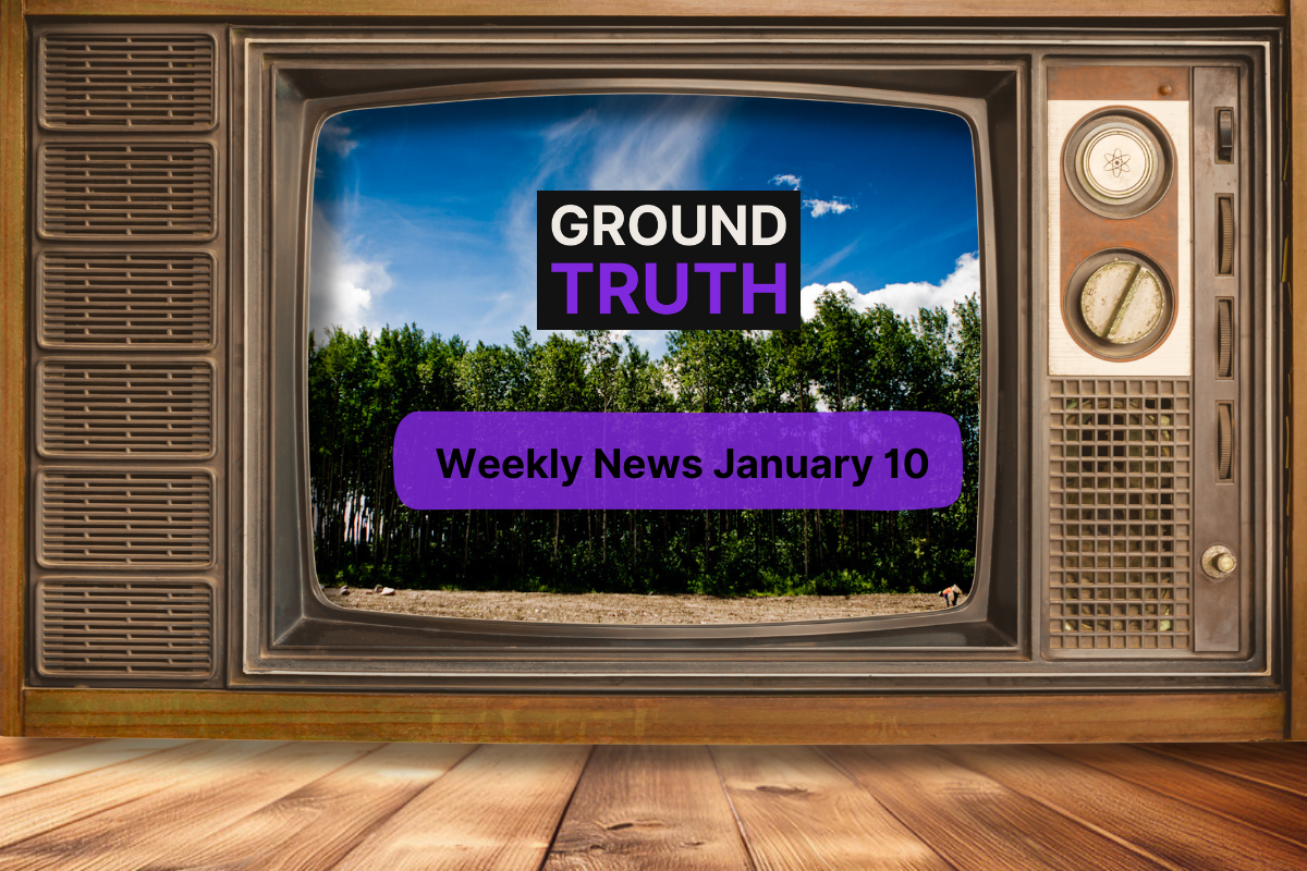 The weekly news on a TV background . 