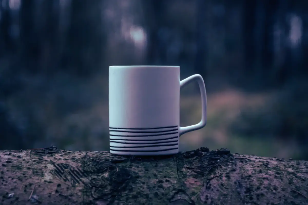 Coffee mug in the middle of a forest.