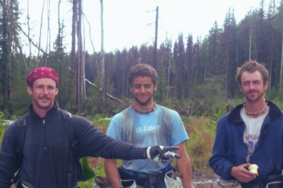 Three Canadian tree planters on forest background.