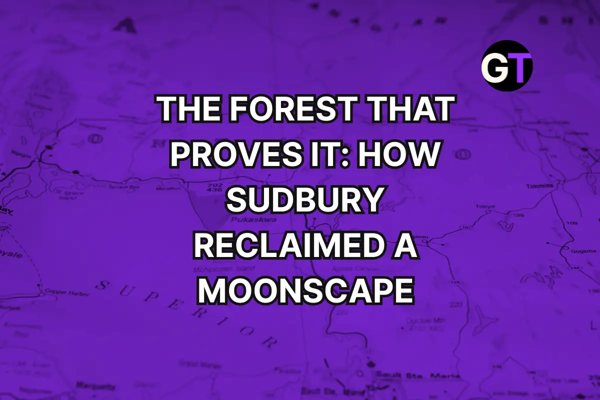 Title on map of Northern Ontario with purple background. 