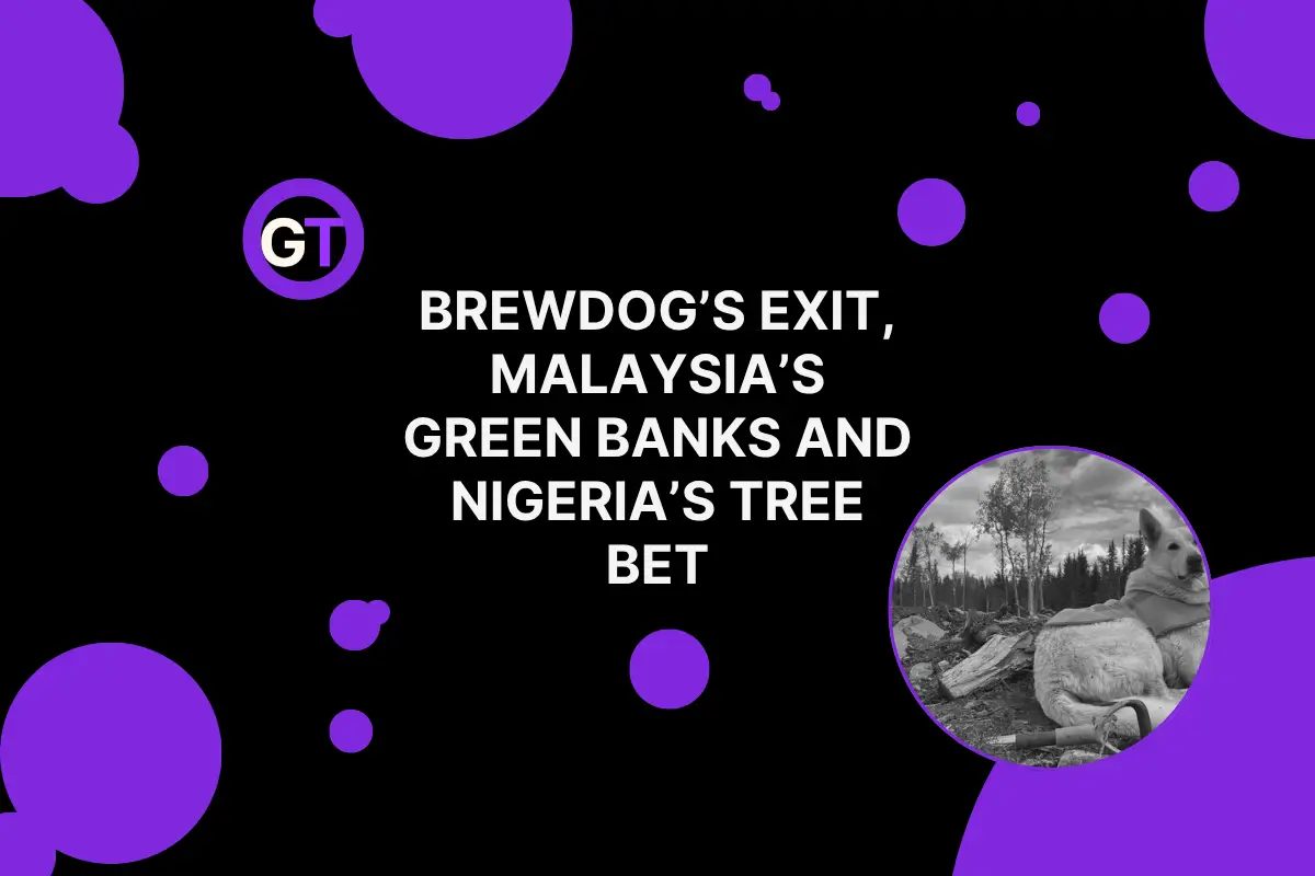 Title on black background with purple shapes and image of dog.